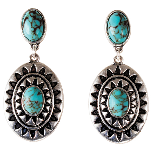 JUSTIN LADIES EARRINGS OVAL CONCHO WITH GEOMETRIC DESIGN AND TURQUOISE COLORED STONES