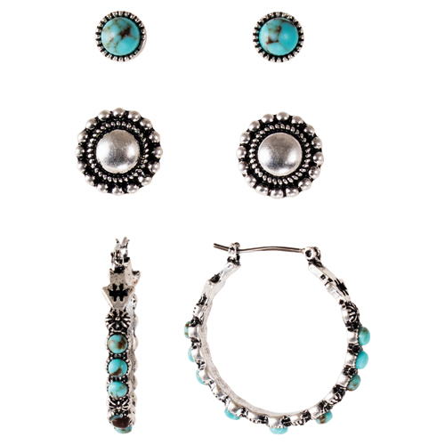 JUSTIN LADIES EARRINGS 3 PAIR TURQUOISE COLORED STONE STUD, ROUND CONCHO AND HOOPS