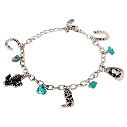 [262210BJ1] JUSTIN LADIES CHARM BRACELET SILVERTONE WITH TURQUOISE COLORED STONES