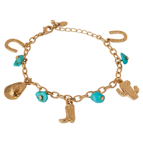 JUSTIN LADIES CHARM BRACELET GOLDTONE WITH TURQUOISE COLORED STONES
