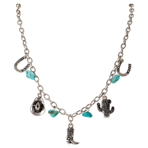 JUSTIN LADIES CHARM NECKLACE SILVERTONE WITH TURQUOISE COLORED STONES