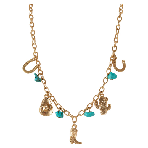 JUSTIN LADIES CHARM NECKLACE GOLDTONE WITH TURQUOISE COLORED STONES