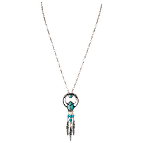 JUSTIN LADIES NECKLACE RINGS W/TEARDROP TURQUOISE COLORED STONE PENDANT AND DANGLES