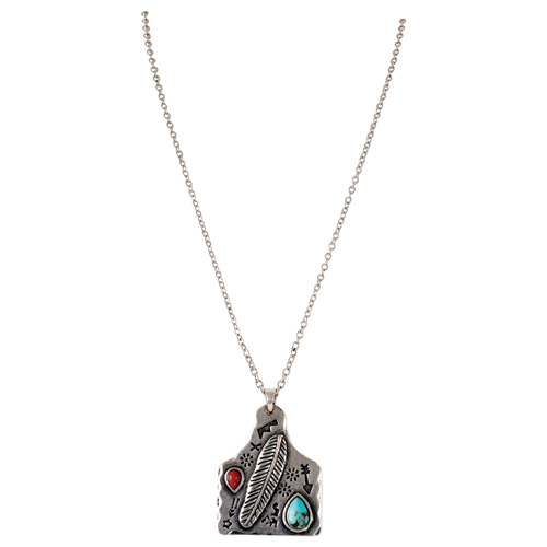 JUSTIN LADIES NECKLACE COW TAG W/FEATHER AND STONES