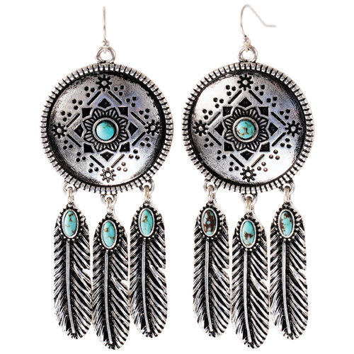 JUSTIN LADIES EARRINGS DREAMCATCHER W/TURQUOISE COLORED STONES AND FEATHERS