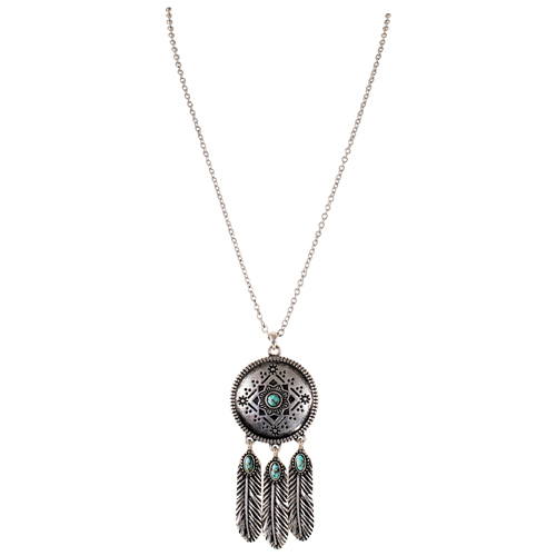 JUSTIN LADIES NECKLACE DREAMCATCHER W/TURQUOISE COLORED STONES AND FEATHERS