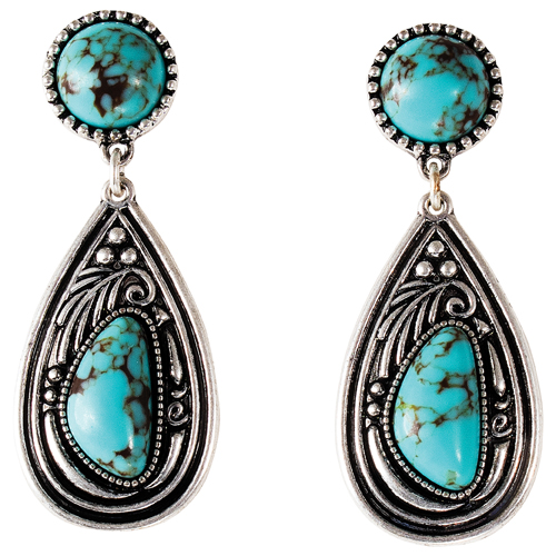 JUSTIN LADIES EARRINGS SCROLL TEARDROP AND TURQUOISE COLORED STONES