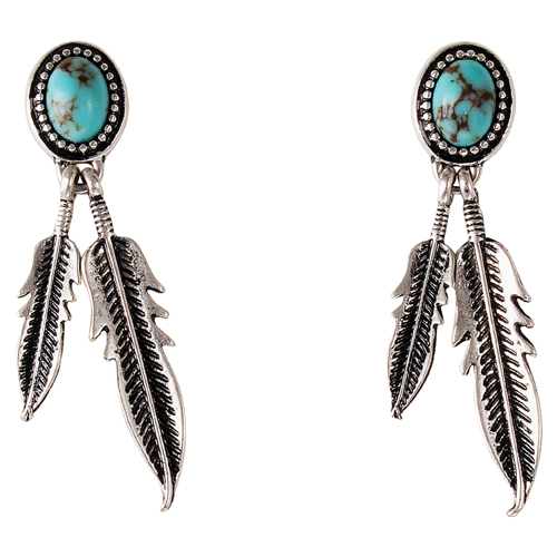 JUSTIN LADIES EARRINGS OVAL FRAMED TURQUOISE COLORED STONE W/FEATHERS