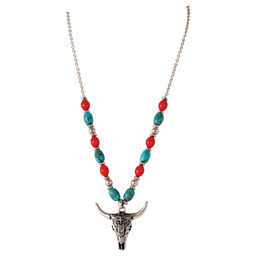 [262267NJ1] JUSTIN LADIES NECKLACE STEER SKULL W/SOUTHWESTERN DESIGN AND TURQUOISE, CORAL COLORED BEADS
