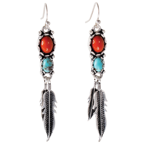 JUSTIN LADIES EARRINGS TURQUOISE AND CORAL COLORED STONES W/FEATHERS