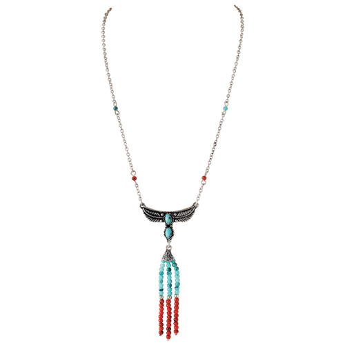 [262290NJ1] JUSTIN LADIES NECKLACE FEATHER BAR W/TURQUOISE COLORED STONES AND BEAD FRINGE
