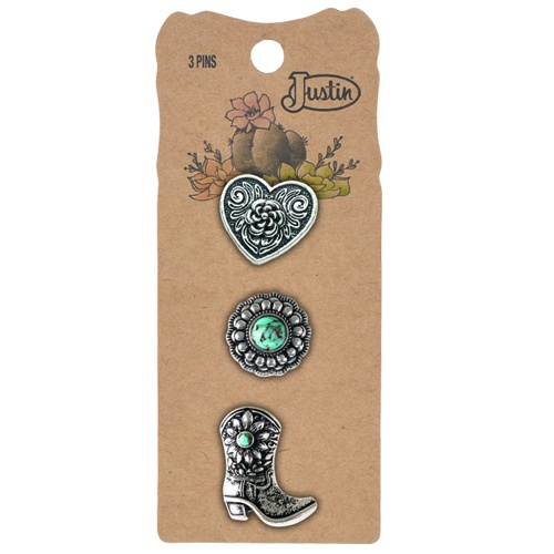 JUSTIN HAT PIN 3 PACK BOOT W/TURQUOISE COLORED STONE