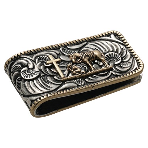 JUSTIN MENS MONEY CLIP PRAYING COWBOY W/TOOLING AND GOLDTONE ROPE EDGE