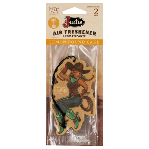 [26FRESH011LP] JUSTIN AIR FRESHENER PIN UP COWGIRL GRAPHIC W/LEMON POUND CAKE SCENT-2/PK