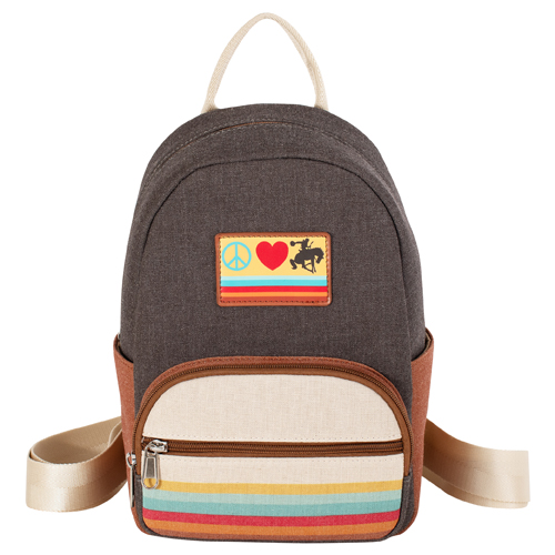 RED DIRT HAT CO LADIES MINI BACKPACK BROWN W/PEACE LOVE AND RIDE RED DIRT PATCH