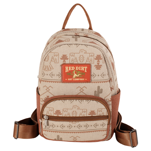 RED DIRT HAT CO LADIES MINI BACKPACK TAN THUNDERBIRD PRINT W/RED DIRT PATCH