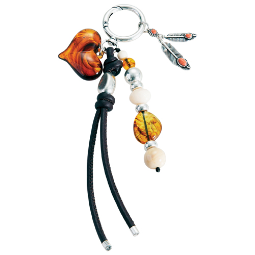 [262310BC7] JUSTIN LADIES BAG CHARM AMBER ACRYLIC HEART W/FEATHERS AND BEADS