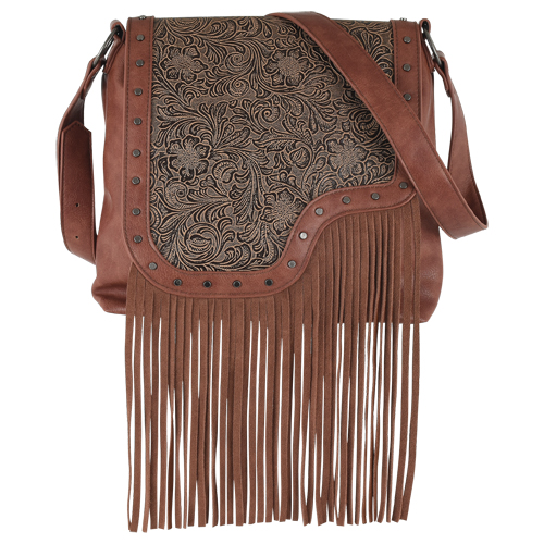 [23195527] CATCHFLY CROSSBODY ASYMMETRICAL TOOLED YOKE W/FRINGE