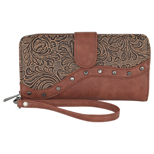 [23195804W] CATCHFLY WALLET W/WRISTLET ASYMMETRICAL TOOLED YOKE
