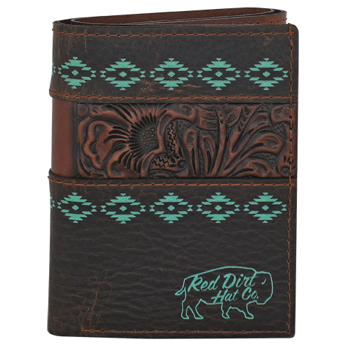 [23225897W3] RED DIRT TRIFOLD WALLET TOOLED ACCENT W/TURQUOISE DESIGN