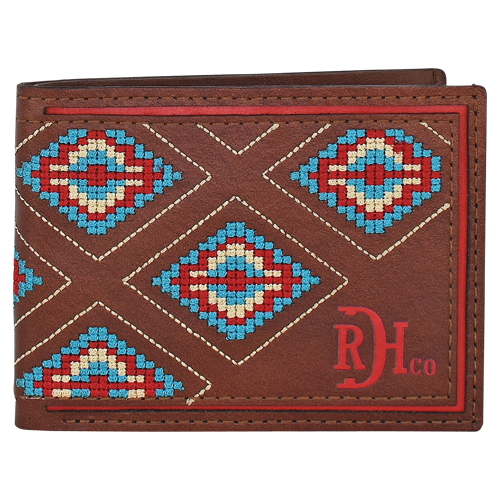 [23225881W6] RED DIRT HAT CO GENUINE LEATHER BIFOLD W/AZTEC NEEDLEPOINT
