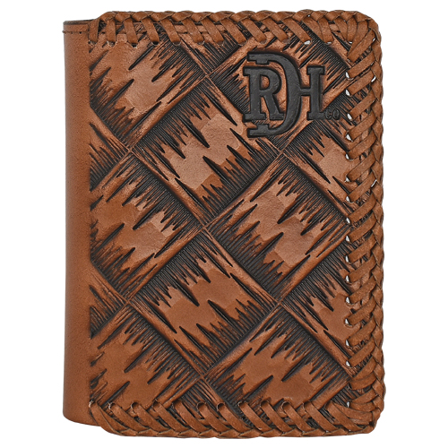 [23225897W7] RED DIRT TRIFOLD WALLET XL BASKEWEAVE TOOLING W/LACED LEATHER EDGE