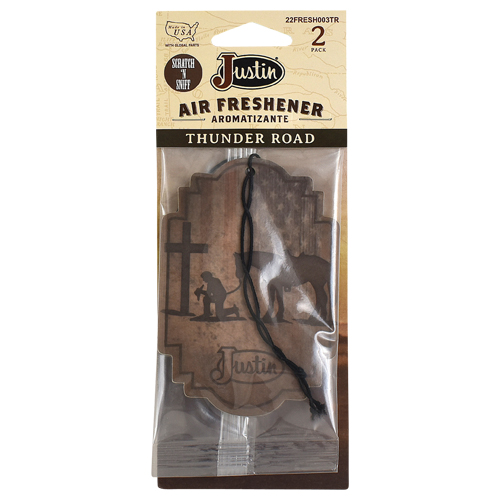 [22FRESH003TR] 22FRESH003TR JUSTIN AIR FRESHENER, COWBOY CHURCH GRAPHIC W/THUNDER ROAD SCENT, 2/PK