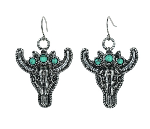 [24028EJ1] JUSTIN EARRINGS STEER HEAD W/FAUX TURQUOISE FLOWER CROWN