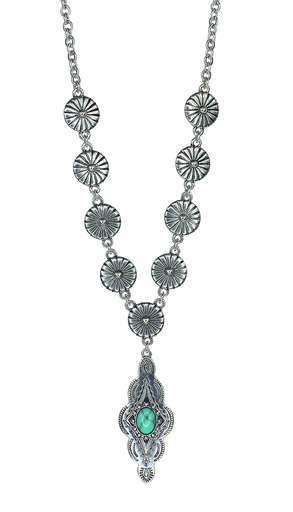 [24029NJ1] JUSTIN NECKLACE FLOWER AND DIAMOND CONCHO W/FAUX TURQUOISE STONE