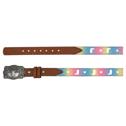 [24092BE1] CATCHFLY GIRLS BELT PASTEL RAINBOW SHIMMER W/ HEARTS AND BOOTS