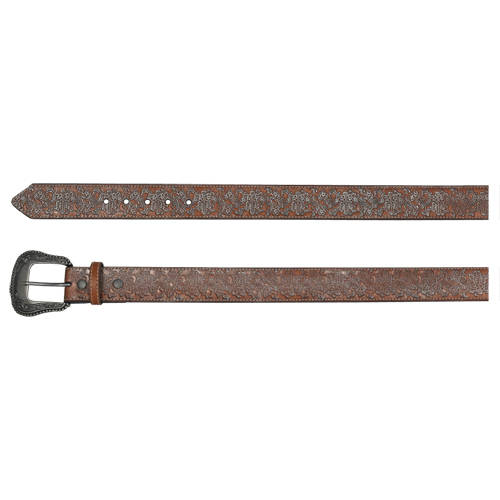 [24093BE3] CATCHFLY LADIES GENUINE LEATHER BELT TAN W/SILVER WASHED EMBOSS