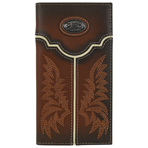 [24010767W1] JUSTIN MENS RODEO WALLET GENUINE LEATHER W/BURNISHED TAN YOKE AND CONCHO