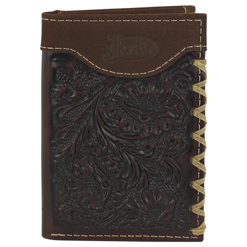 [24010765W7] JUSTIN MENS TRIFOLD WALLET RAWHIDE EDGE STITCH AND TOOLING