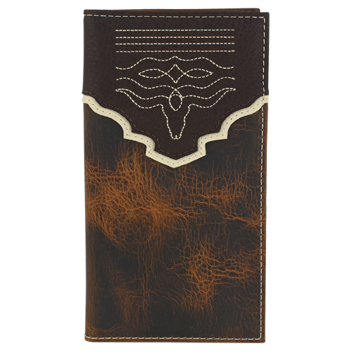 [24025566W5] TONY LAMA GENUINE LEATHER MENS RODEO WALLET BROWN OILED LEATHER W/ YOKE AND STEER HEAD TOEBUG
