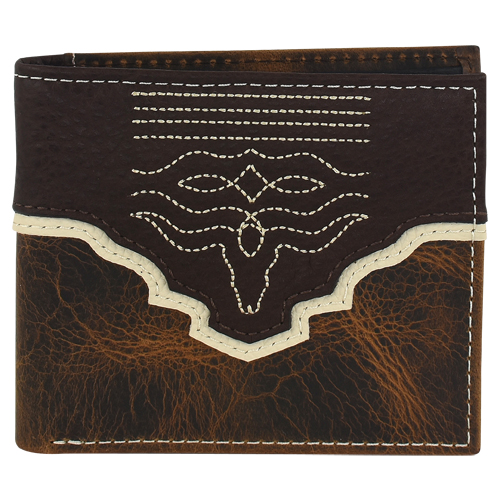 [24025842W5] TONY LAMA GENUINE LEATHER MENS SLIM BIFOLD WALLET BROWN OILED LEATHER W/ YOKE AND STEER HEAD TOEBUG