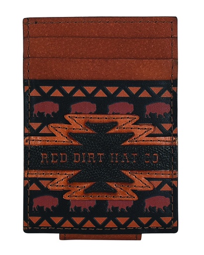 [24068875M5] RED DIRT HAT CO CARD CASE W/MAGNET CLIP BLK W/AZTEC DESIGN AND BISON