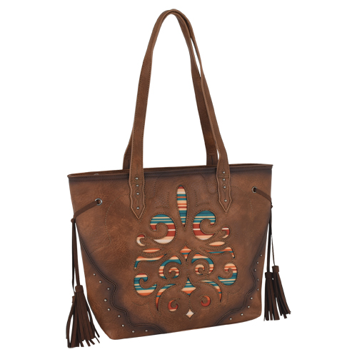 [24019309] JUSTIN TOTE BROWN BURNISHED W/MULTICOLORED INLAY 