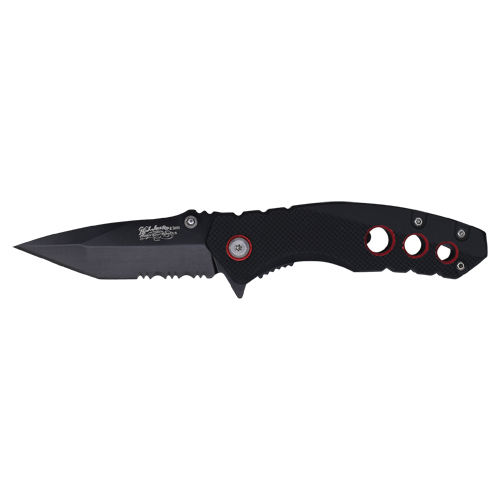 [2427450584] JUSTIN TACTICAL KNIFE BLACK AND RED RUBBERIZED ALUMINUM HANDLE
