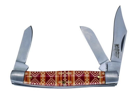 [2427430562] JUSTIN STOCKMAN KNIFE ACRYLIC TAN AND RED AZTEC 3 BLADE