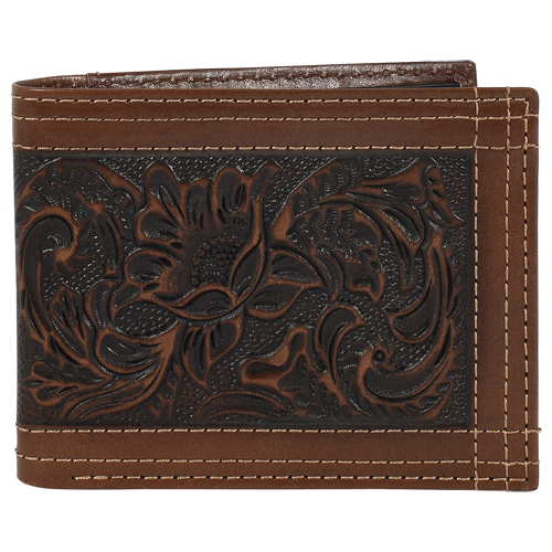 [24152138W4] JUSTIN MENS GENUINE LEATHER LG BIFOLD WALLET TOOLED W/TRIPLE STITCH