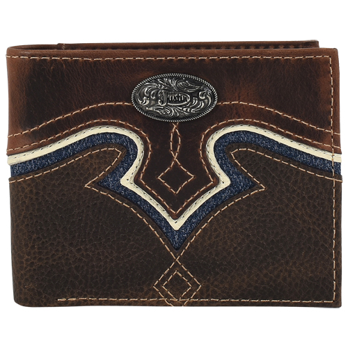 [24152138W10] JUSTIN MENS GENUINE LEATHER LG BIFOLD WALLET YOKE W/DENIM INLAY