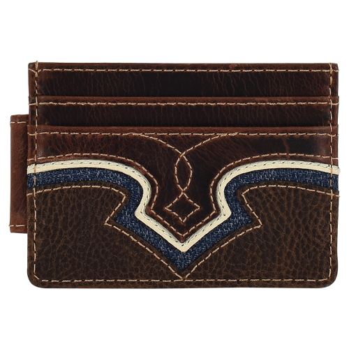 [24152662M10] JUSTIN MENS GENUINE LEATHER SLIM CARD WALLET YOKE W/DENIM INLAY