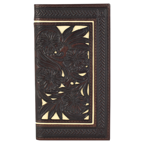 [24153566W2] TONY LAMA GENUINE LEATHER MENS RODEO WALLET W/FLORAL TOOLING AND BONE INLAY