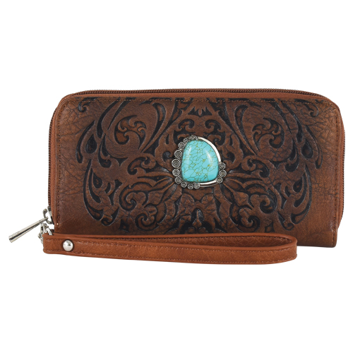 [2421332151] CATCHFLY WALLET W/ WRISTLET EMBOSSED WITH FAUX TURQ STONE