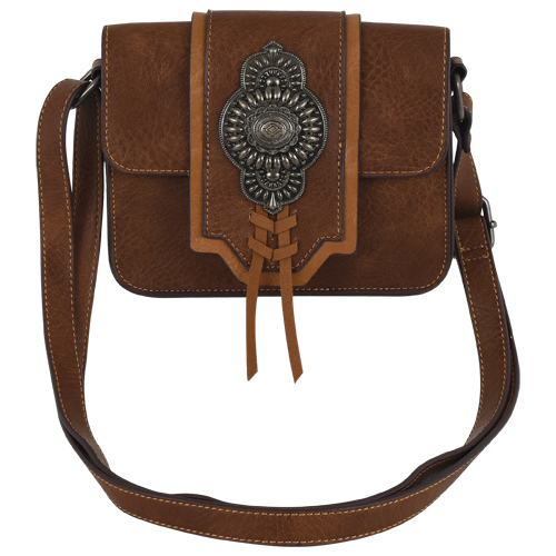 [2422320541] JUSTIN LADIES SMALL CROSSBODY TAN WITH SILVERTONE CONCHO 