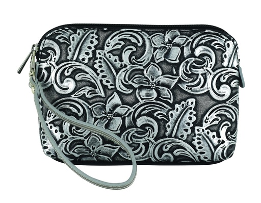 [2421355263] CATCHFLY LADIES COSMETIC POUCH BLACK AND SILVER EMBOSS