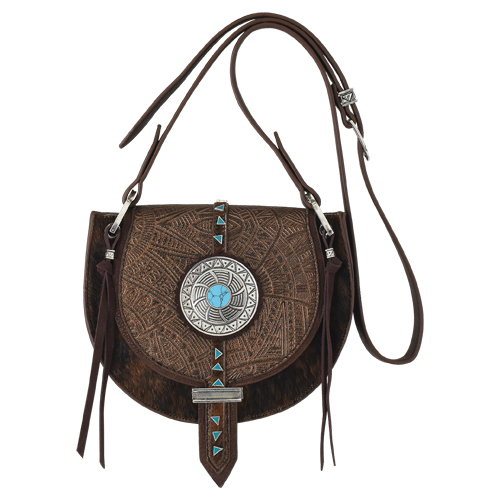 [2421300142] CATCHFLY SADDLE BAG HAIR ON W/DESIGN AND CONCHO