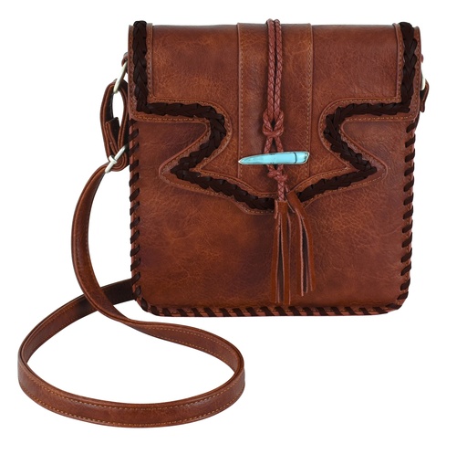 [24195073] JUSTIN LADIES CROSSBODY TAN W/BRAIDED YOKE AND TASSEL