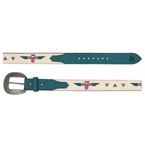 [24171BE2] RED DIRT HAT CO LADIES BELT WHITE AND TURQUOISE WITH THUNDERBIRD