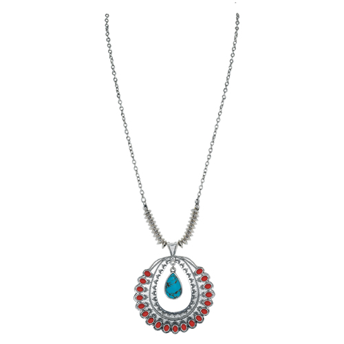 [2510040282] JUSTIN LADIES NECKLACE CLUSTER HOOP W/FAUX CORAL AND TURQUOISE CHARM